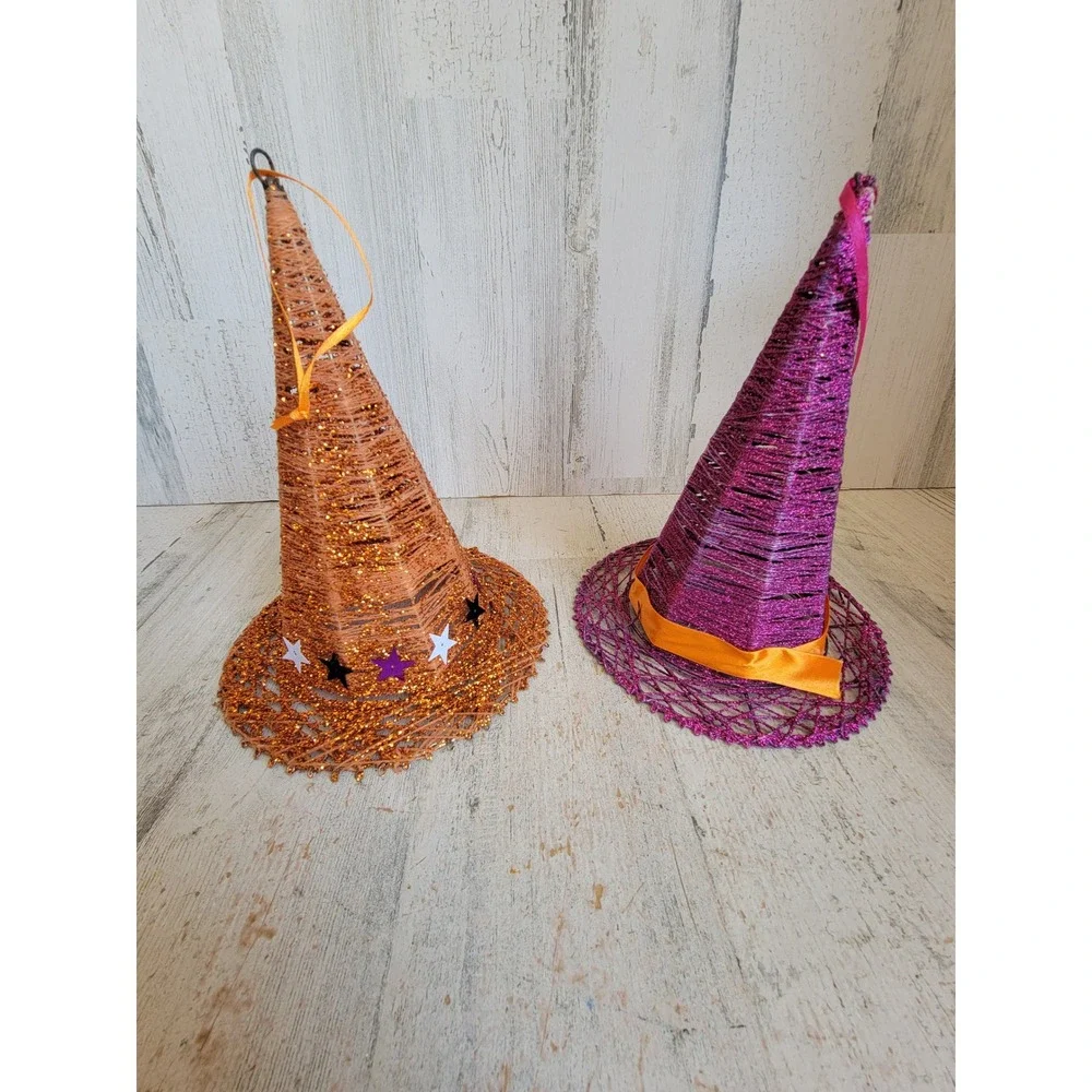 Vintage large Halloween witch hat glitter orange purple ornament set star unique